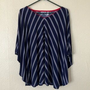 Susan Graver "As Is" Striped Liquid Knit V Neck Navy Scarf Top, 1X